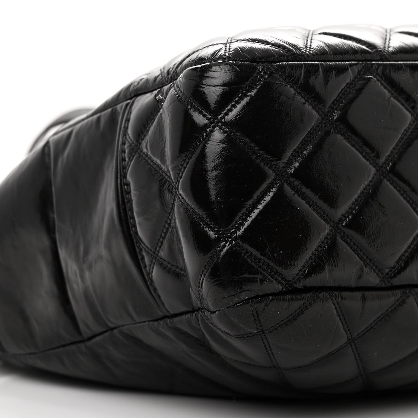 Shiny Aged Calfskin Quilted Large Shopping Bag Black