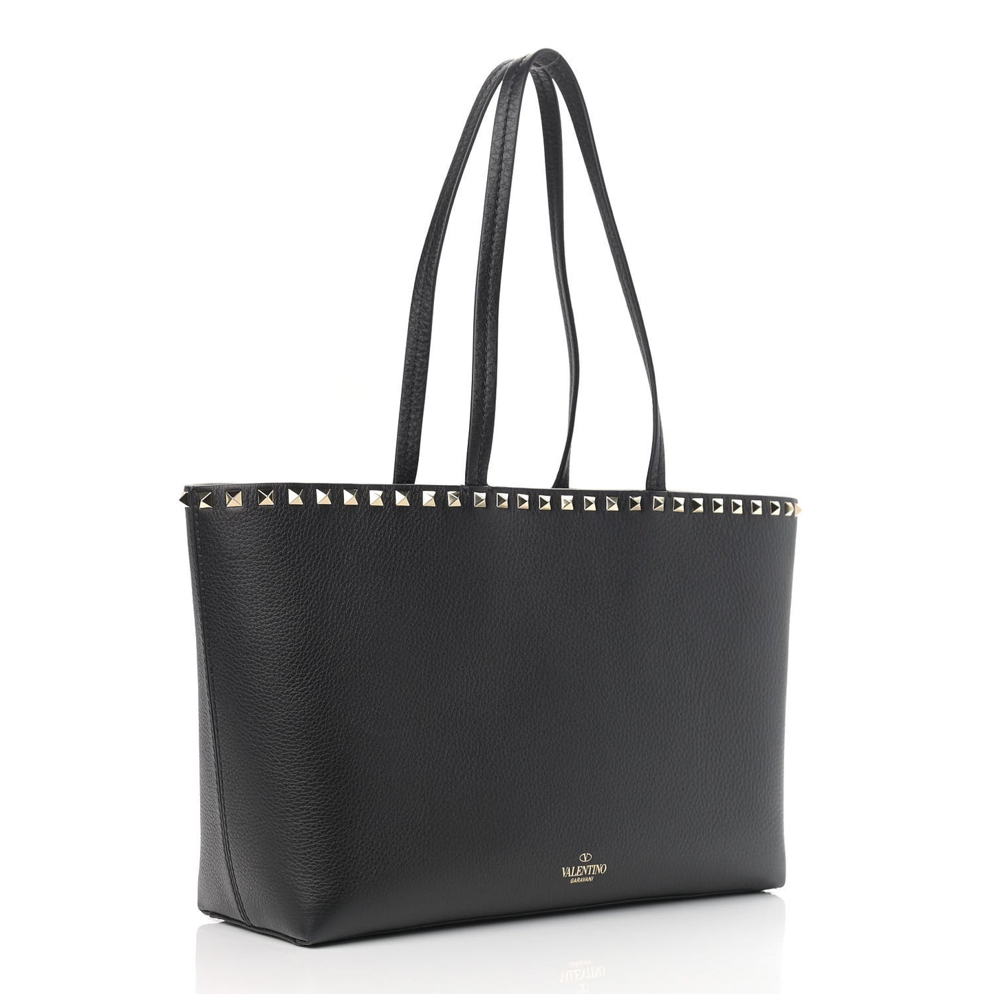 Grained Calfskin Small Rockstud Shoulder Tote Black
