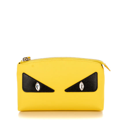 Fendi Nylon Vitello Elite Crystal Eye Monster Large Cosmetic Pouch Yellow 1 of 8