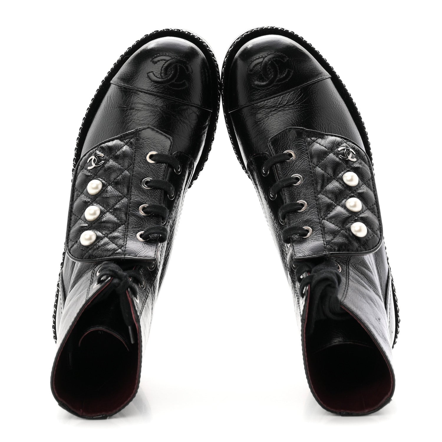 Chanel Crackled Calfskin Velvet Pearl Combat Short Boots 38 Black 2 of 10