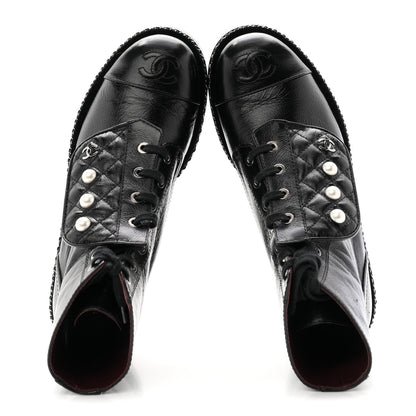 Chanel Crackled Calfskin Velvet Pearl Combat Short Boots 38 Black 2 of 10