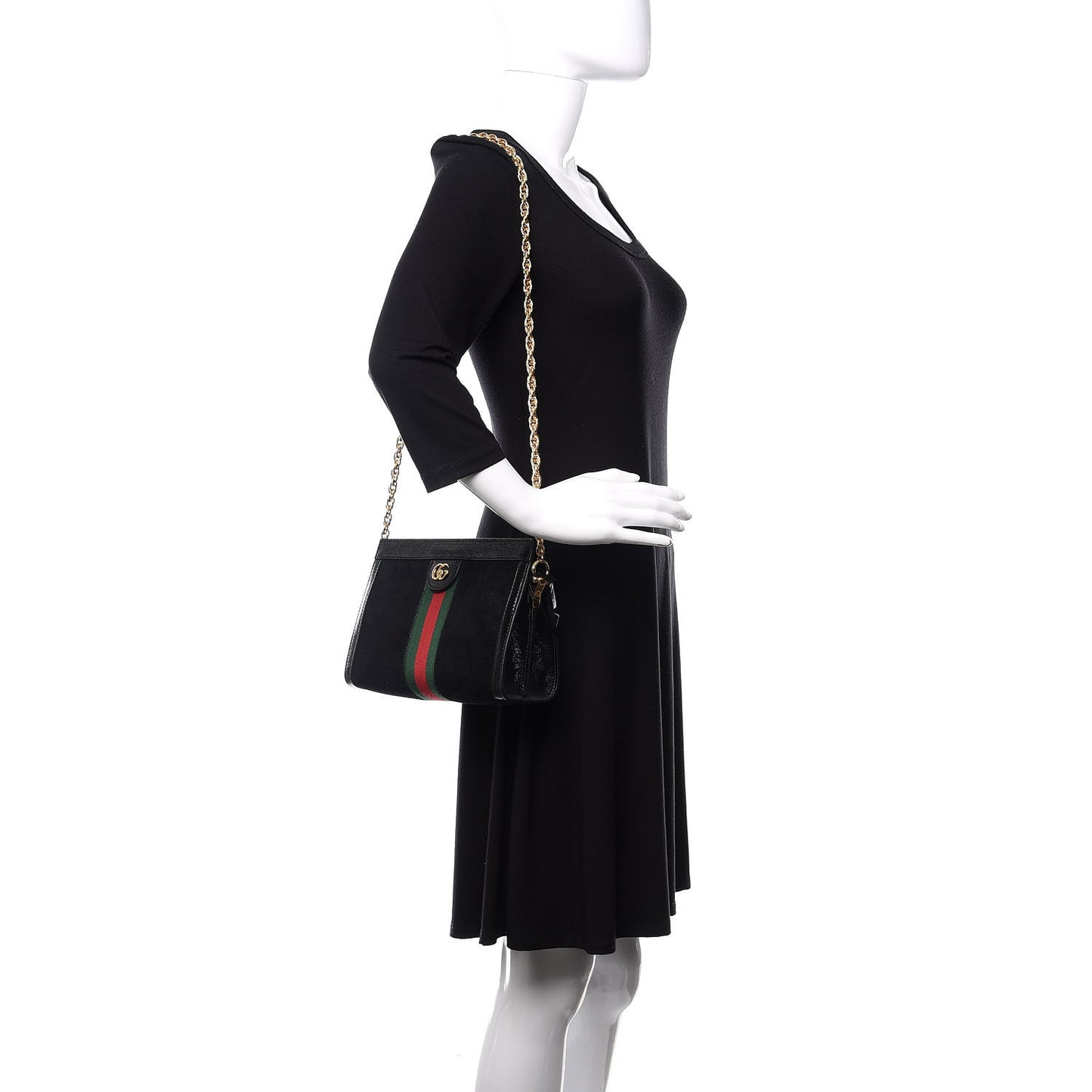 Suede Patent GG Web Small Ophidia Chain Shoulder Bag Black