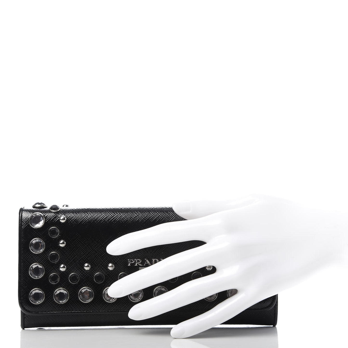 Saffiano Vernice Crystal Studded Flap Wallet Black