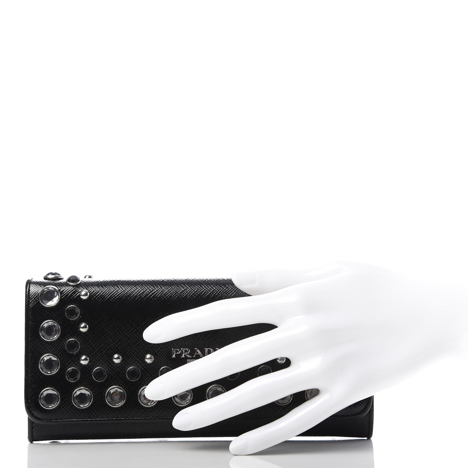 Prada Saffiano Vernice Crystal Studded Flap Wallet Black 2 of 8
