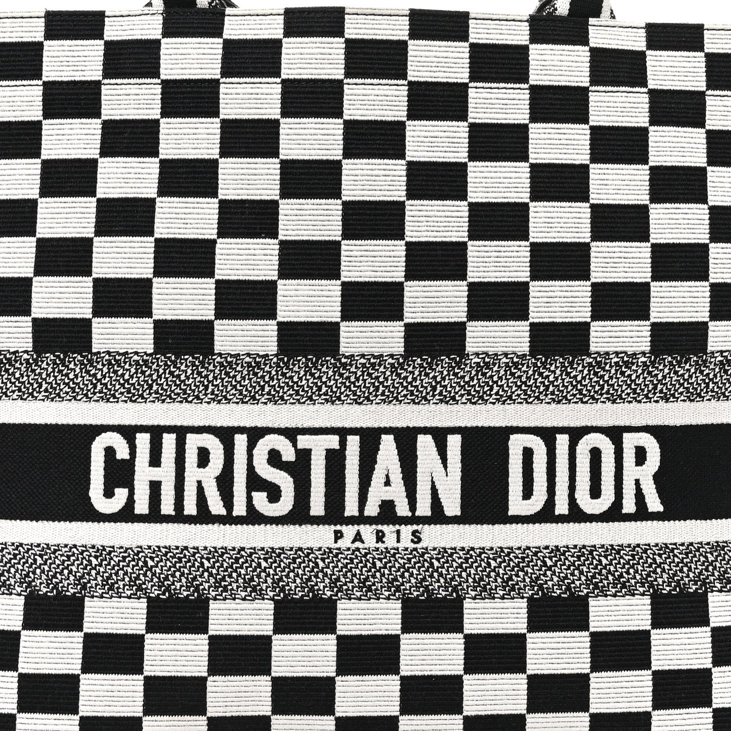 Canvas Embroidered Checkered Book Tote Black White
