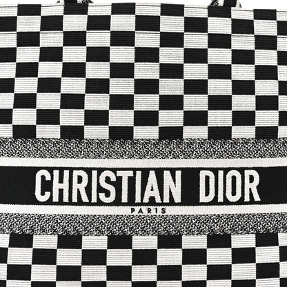 Christian Dior Canvas Embroidered Checkered Book Tote Black White 8 of 10