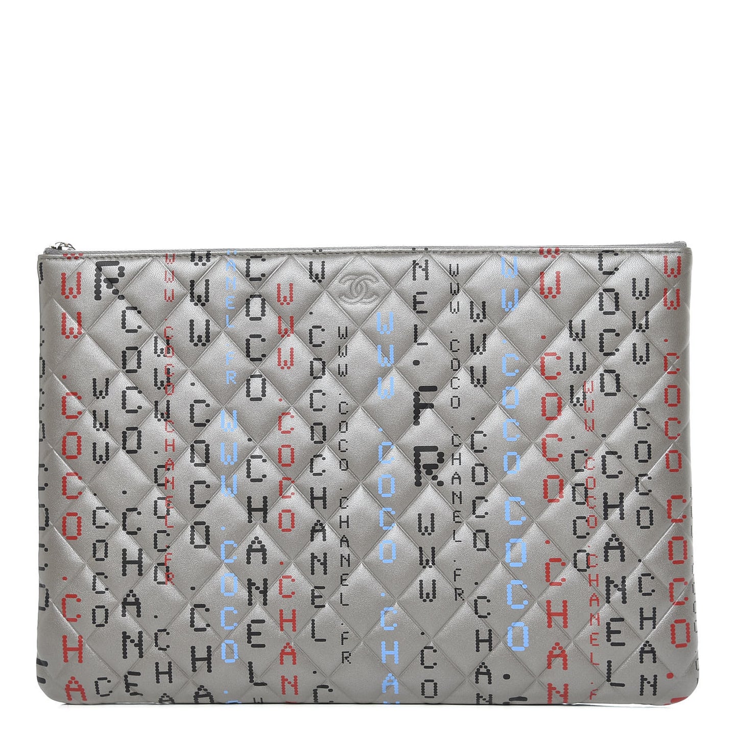 Metallic Lambskin Quilted Large Data Center Cosmetic Case Silver