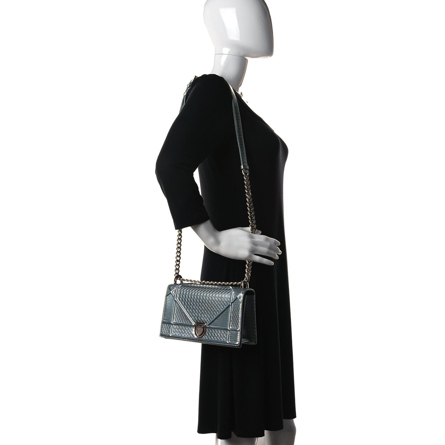 Metallic Patent Micro-Cannage Small Diorama Flap Bag Azur