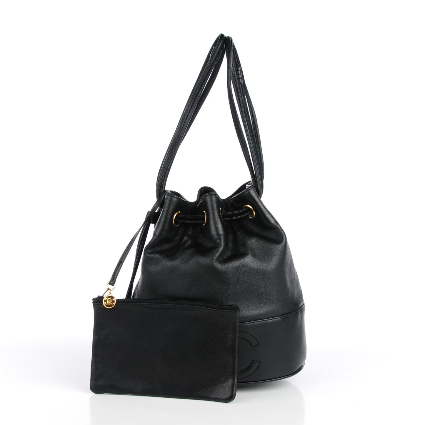 Lambskin CC Drawstring Shoulder Bag Black