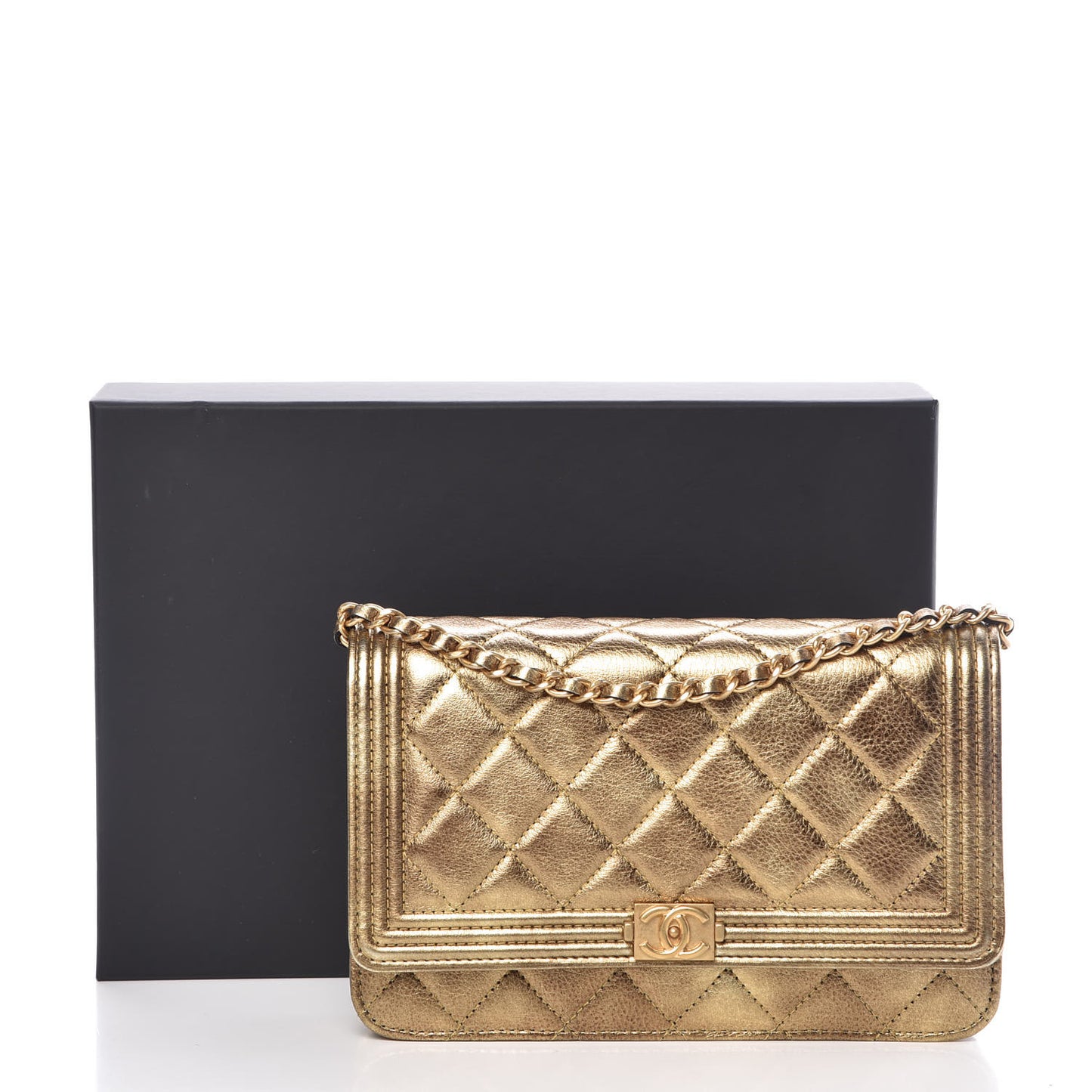 Metallic Calfskin Quilted Boy Wallet On Chain WOC Gold