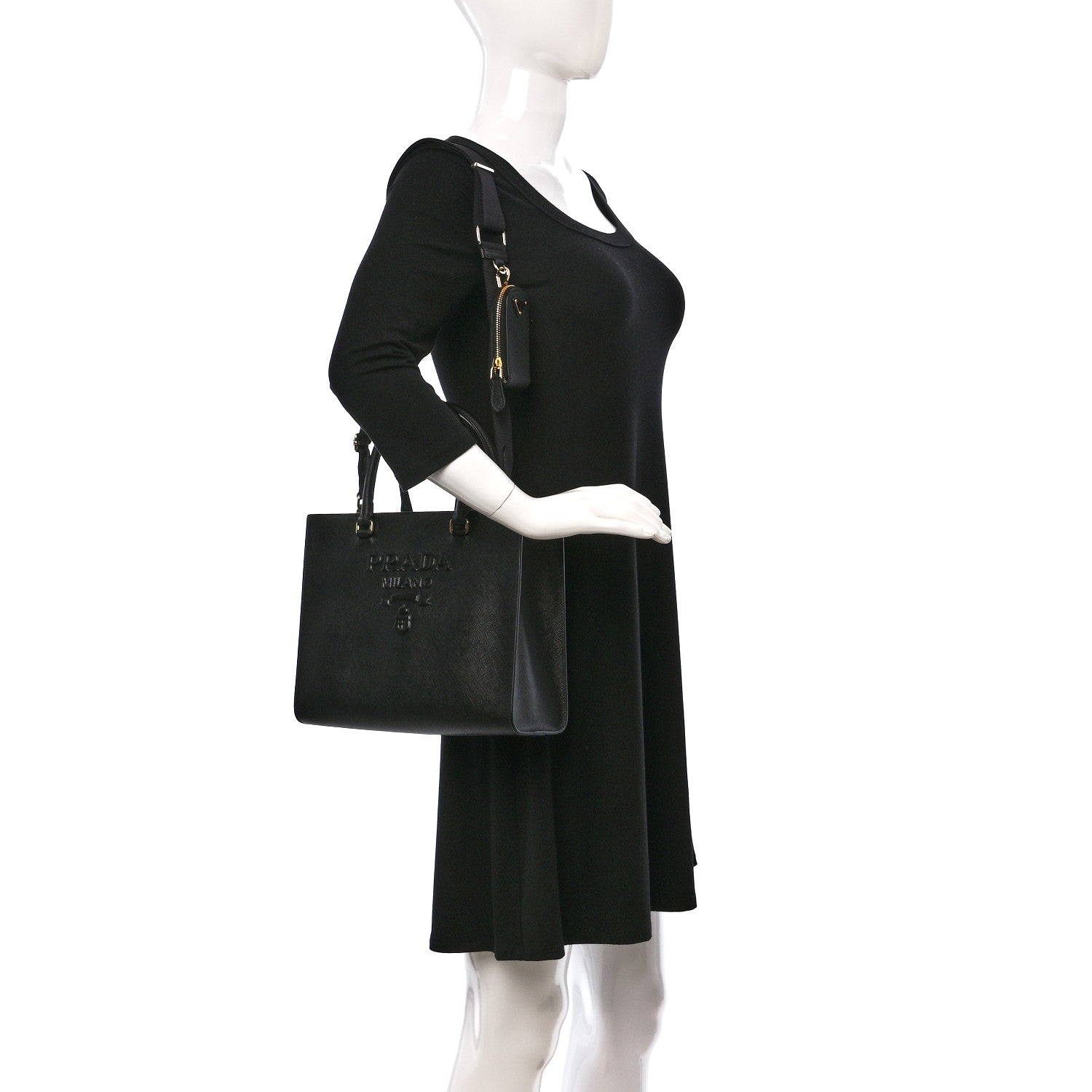 Prada Saffiano Lux Logo Embossed Medium Shoulder Tote Handbag Black 2 of 9