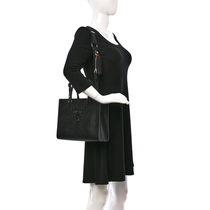 Prada Saffiano Lux Logo Embossed Medium Shoulder Tote Handbag Black 2 of 9