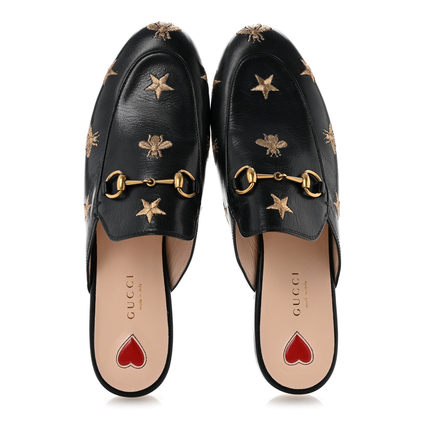 Goatskin Bee Star Embroidered Womens Princetown Slippers 38.5 Black