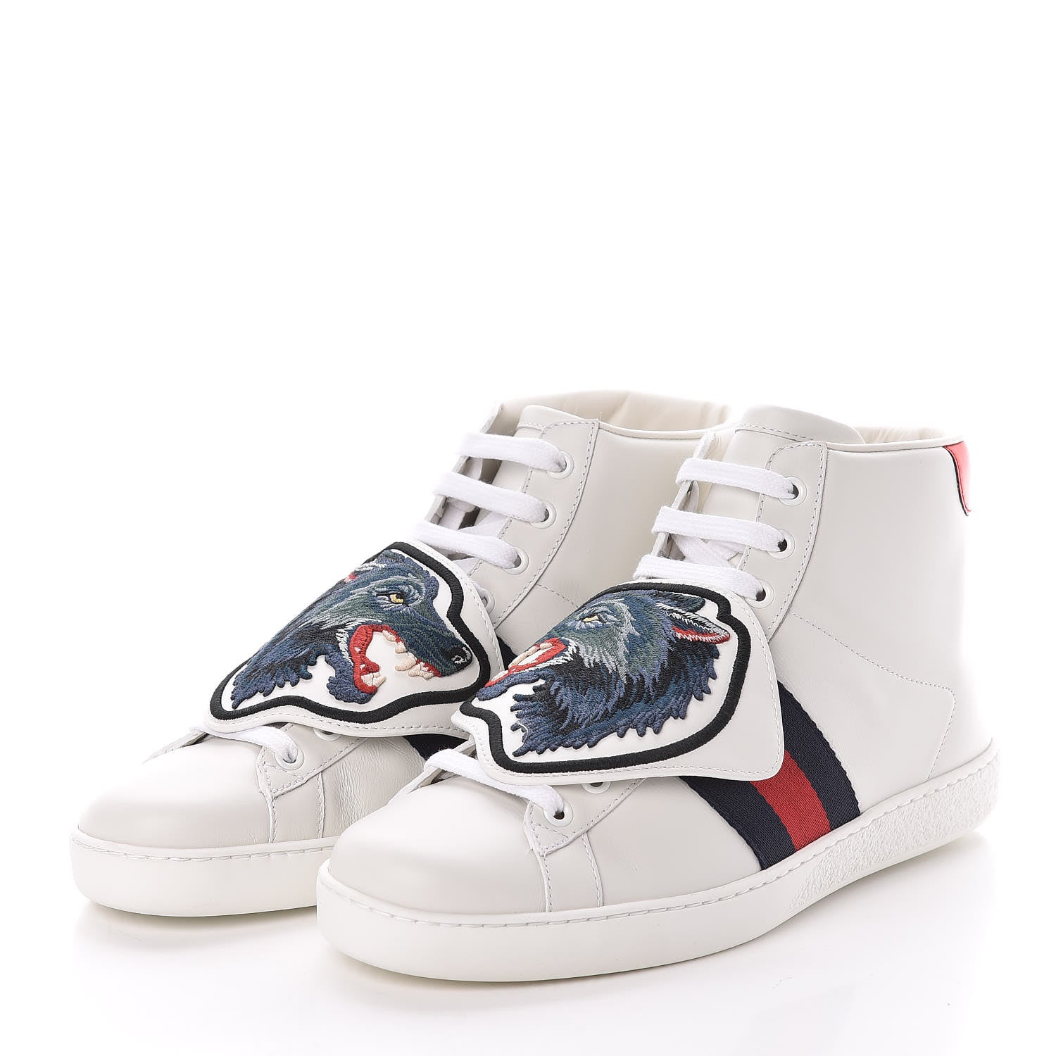 Gucci Calfskin Web Wolf Removable Patches Mens Ace High Top Sneakers 6 White 3 of 8