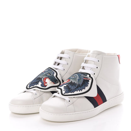 Gucci Calfskin Web Wolf Removable Patches Mens Ace High Top Sneakers 6 White 3 of 8
