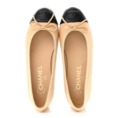 Chanel Lambskin Cap Toe CC Ballerina Flats 35.5 Beige Black 2 of 11