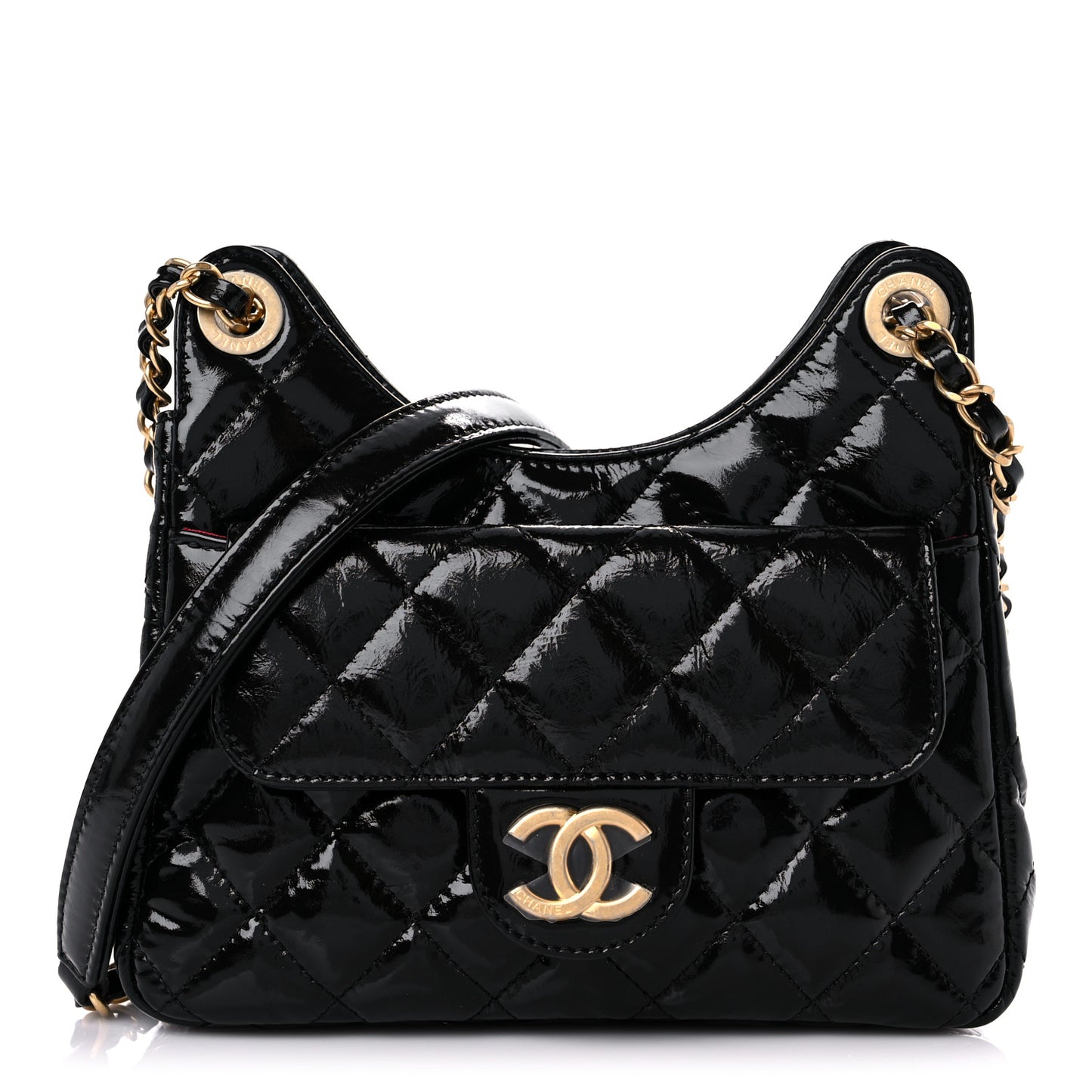 Shiny Crumpled Calfskin Quilted Small Wavy CC Hobo Black
