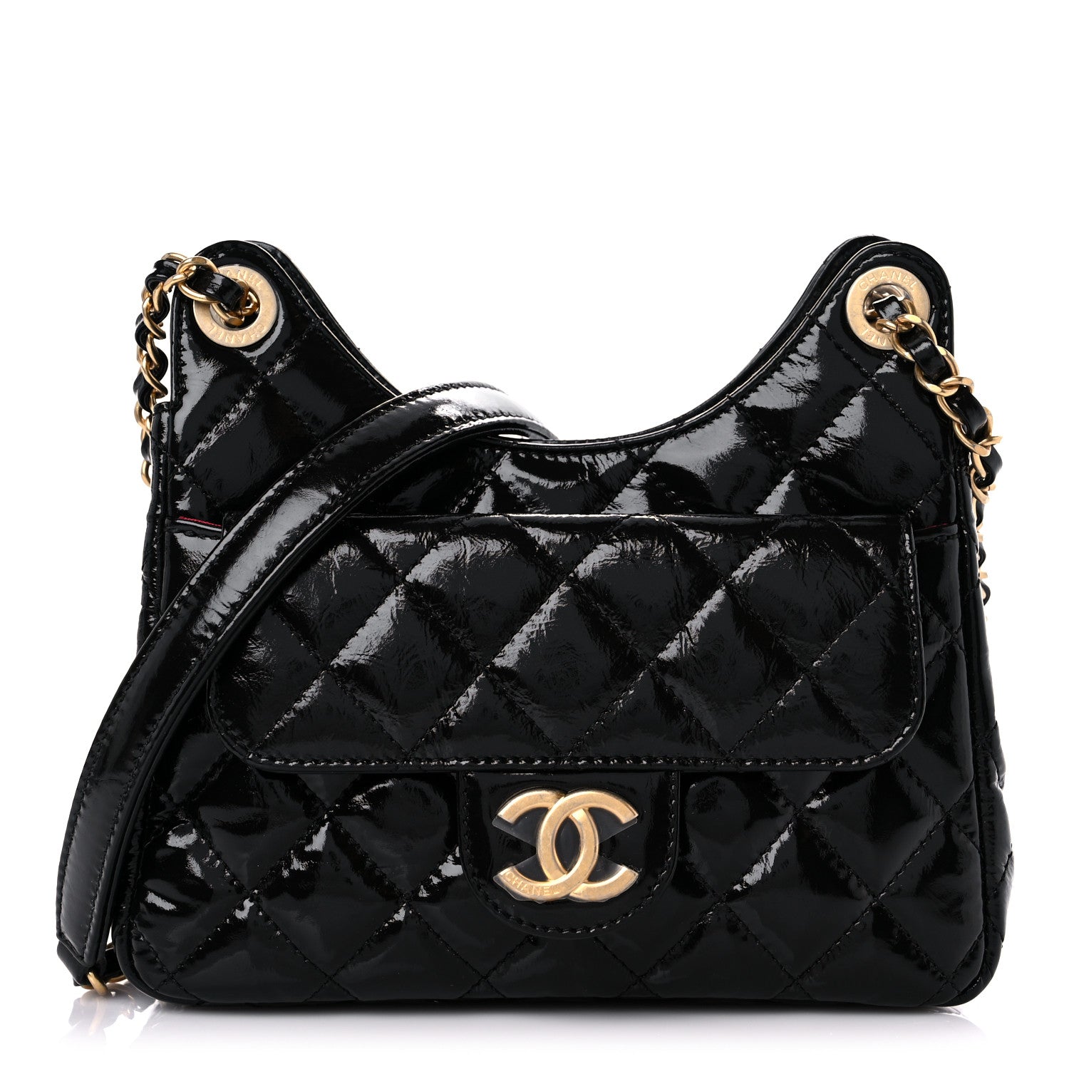Chanel Shiny Crumpled Calfskin Quilted Small Wavy CC Hobo Black 1 of 8