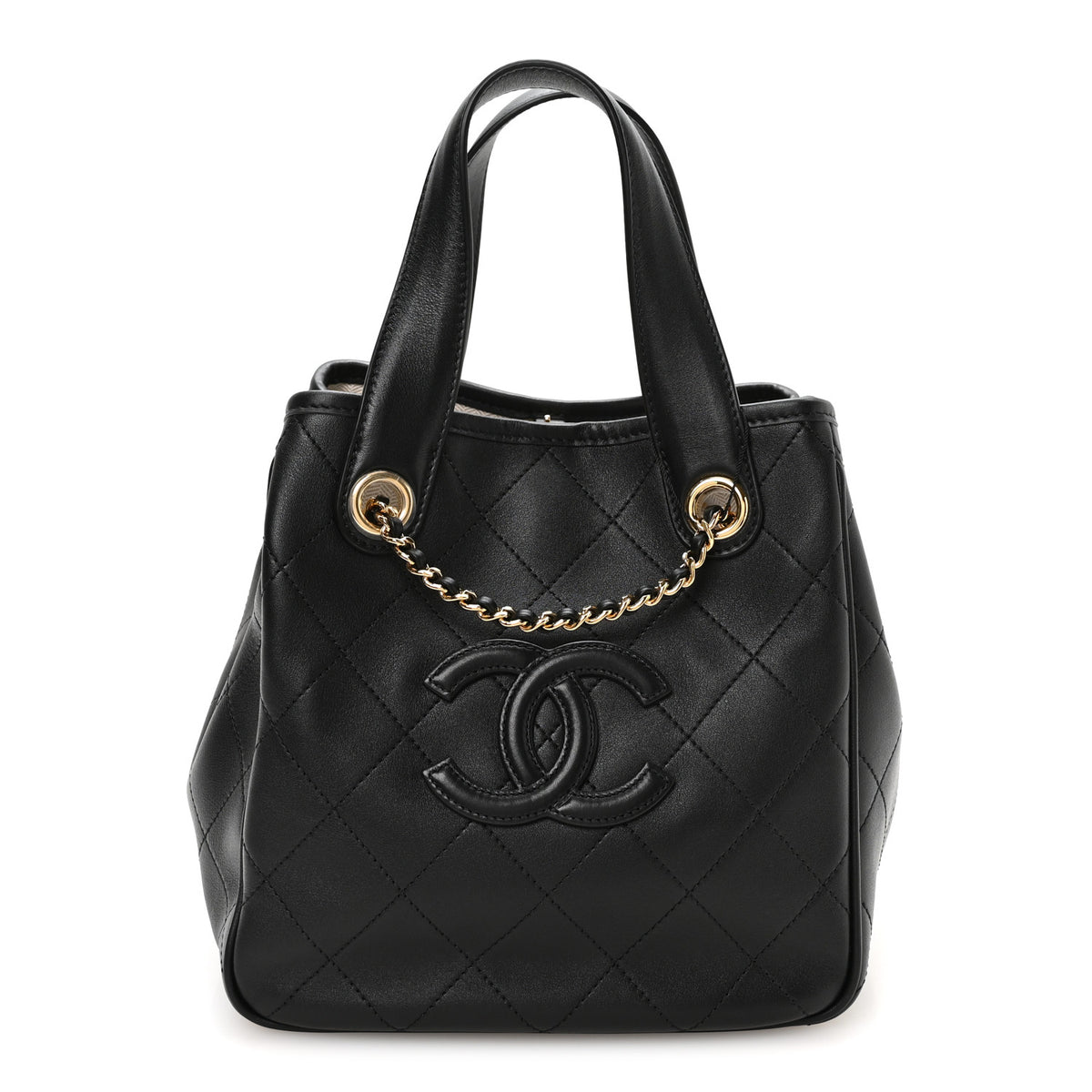 Calfskin Stitched Mini Shopping Tote Black
