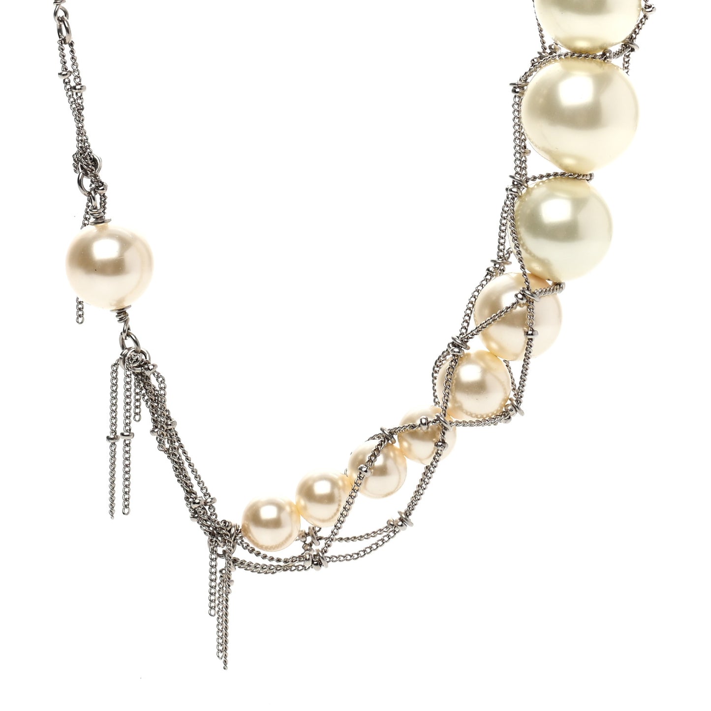 Crystal Pearl Multi Strand Chain CC Long Necklace Silver