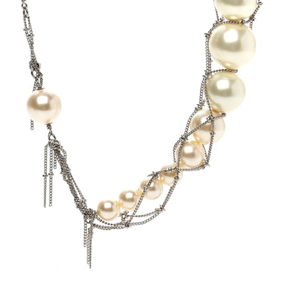 Chanel Crystal Pearl Multi Strand Chain CC Long Necklace Silver 4 of 6