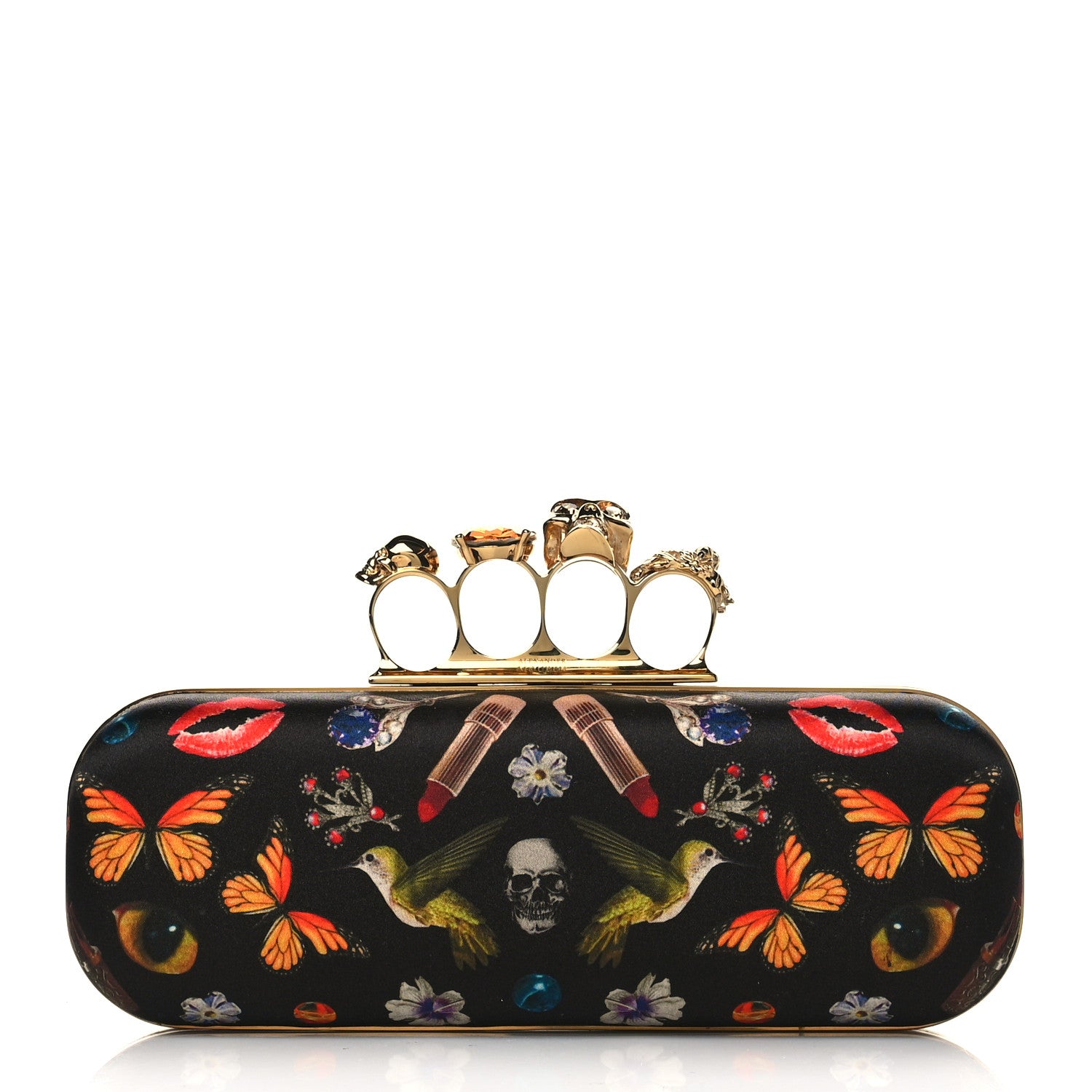 Alexander McQueen Silk Obsession Print Skull Knuckle Box Clutch Black 1 of 6
