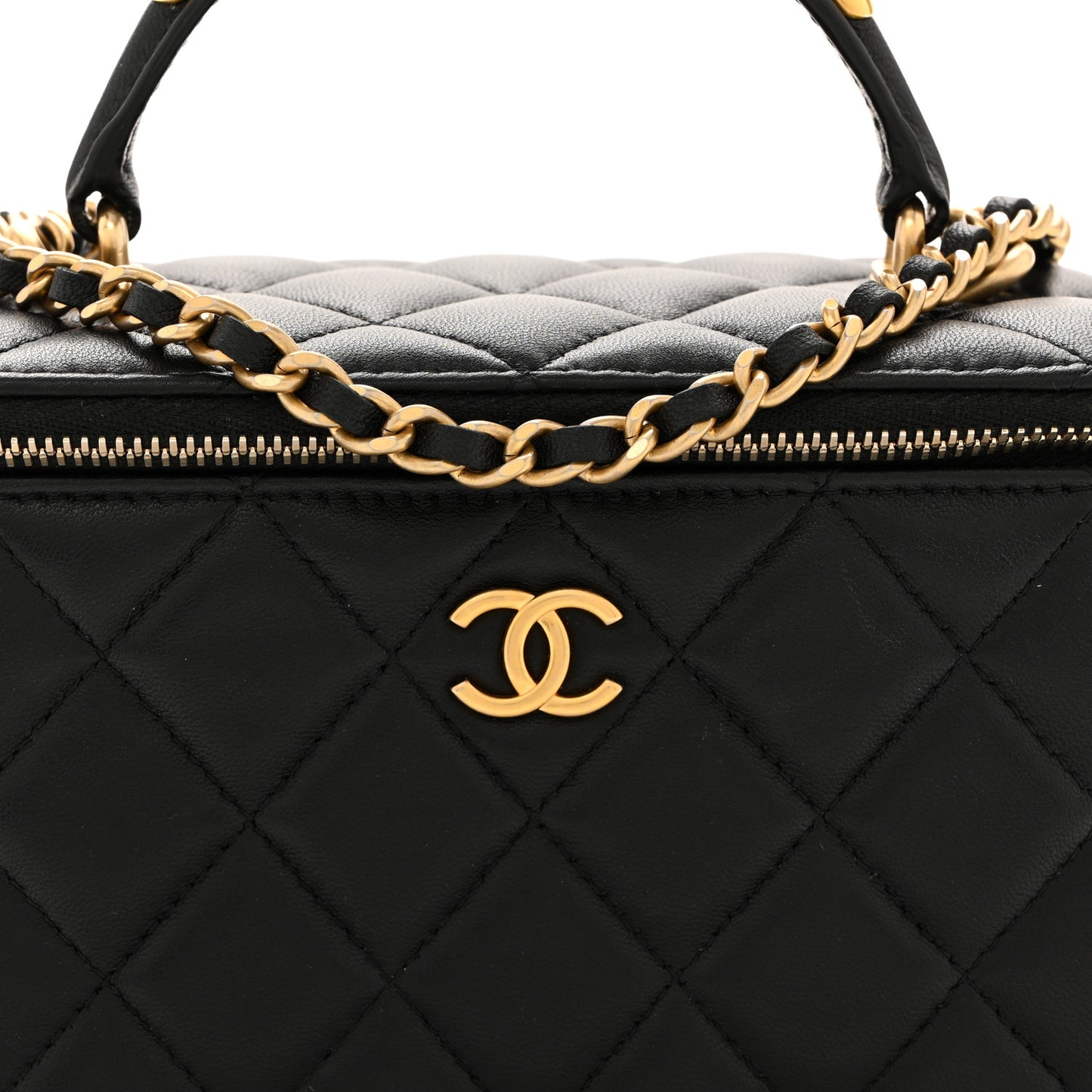 Lambskin Quilted Metal Small Top Handle Vanity Case With Chain Black