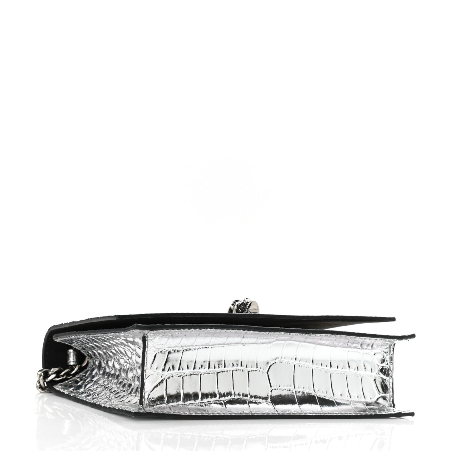 Metallic Calfskin Crocodile Embossed Skull Mini Shoulder Bag Silver