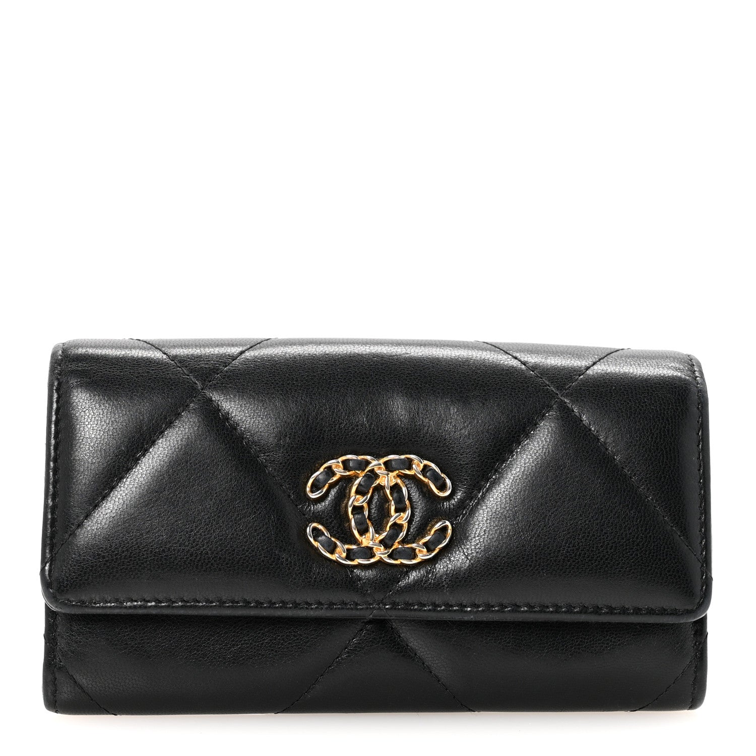 Chanel Shiny Goatskin Quilted Chanel 19 Flap Wallet Black 1 of 9