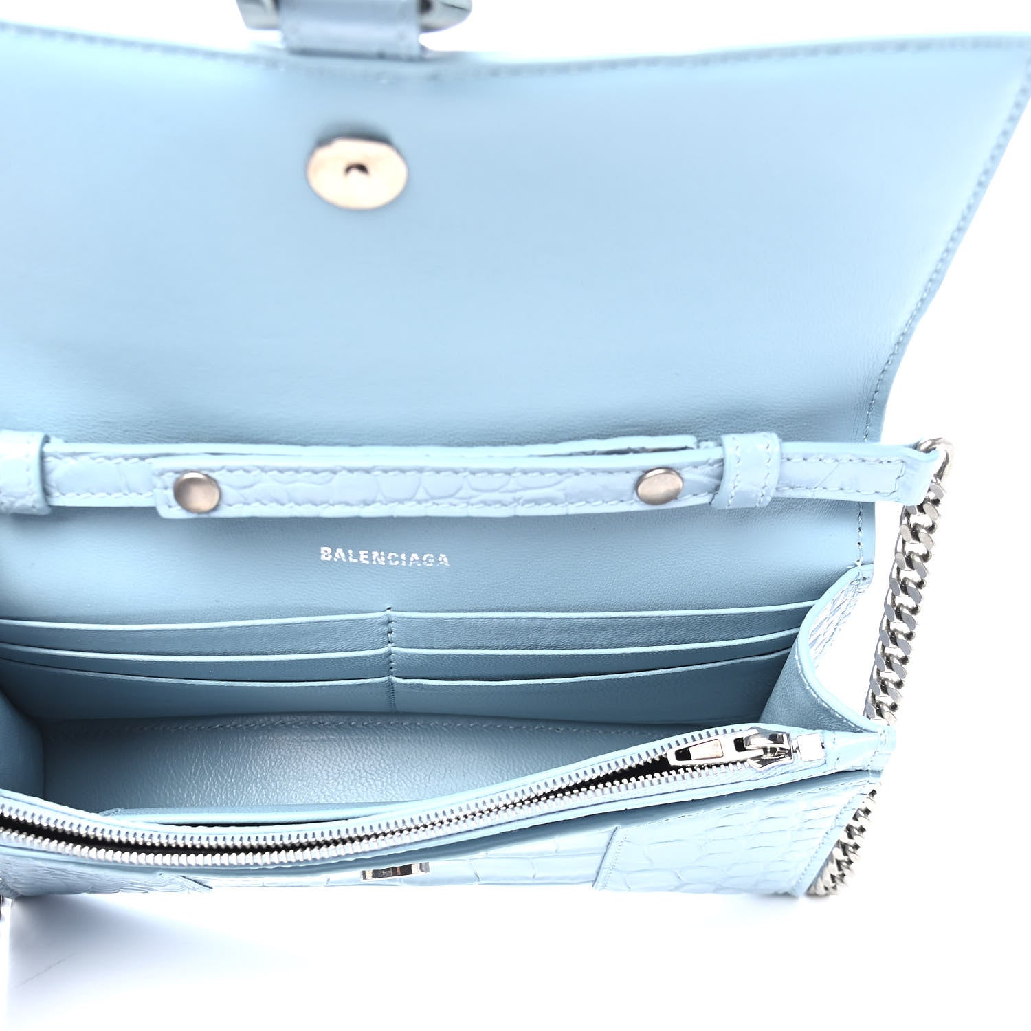 Balenciaga Shiny Calfskin Crocodile Embossed Hourglass Chain Bag Blue Grey 5 of 10