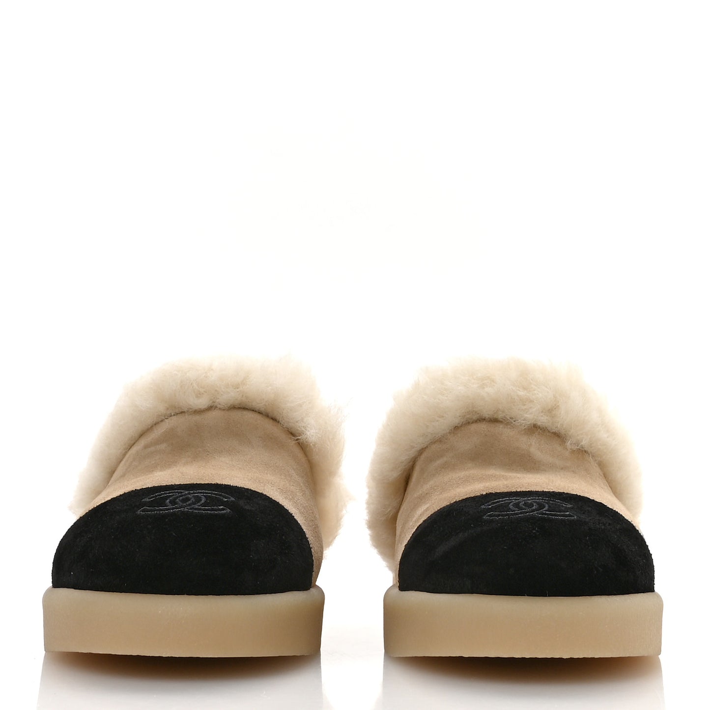 Suede Shearling CC Cap Toe Mules 41 Beige Black