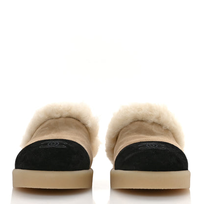 Chanel Suede Shearling CC Cap Toe Mules 41 Beige Black 3 of 8