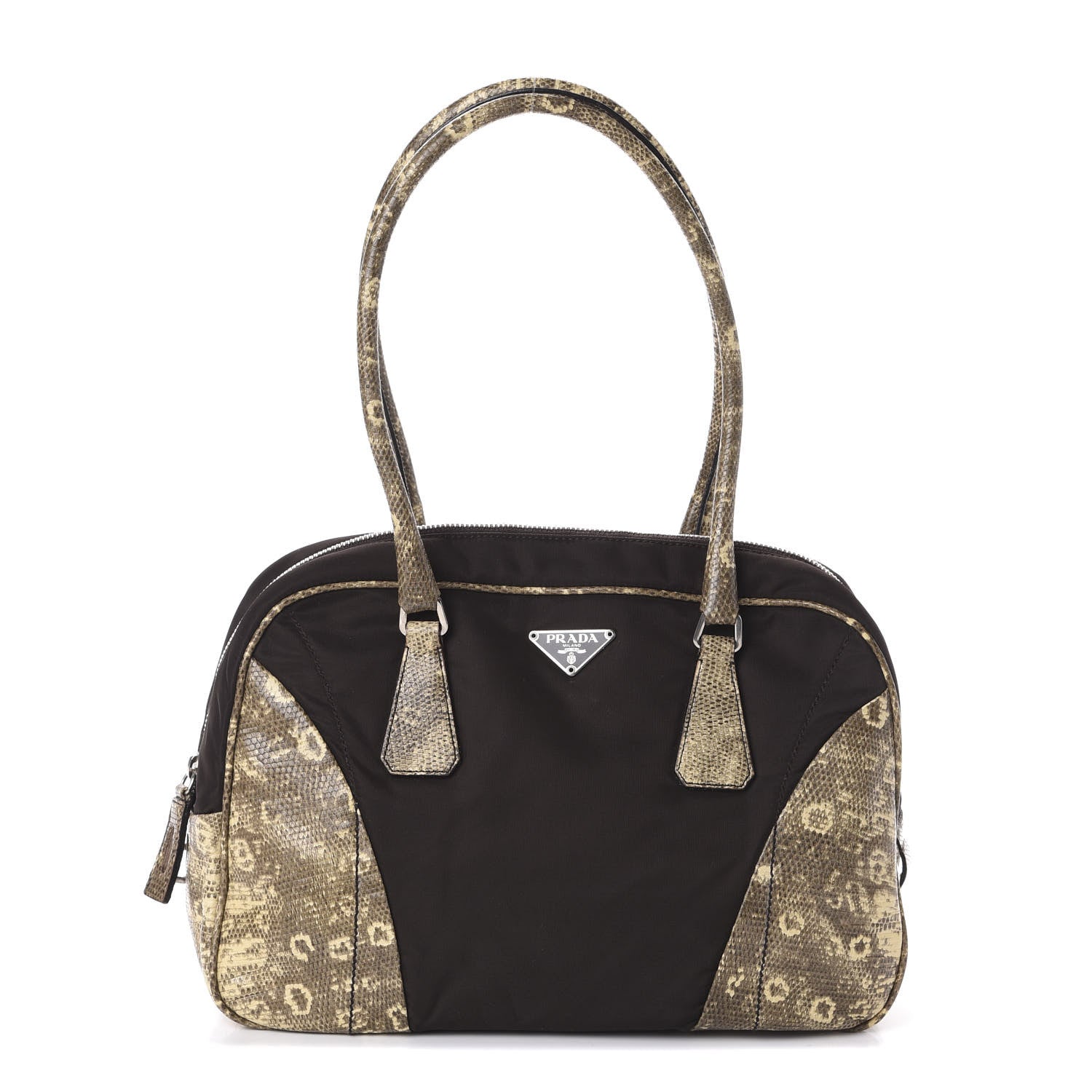 Prada Tessuto Nylon Calfskin Lizard Embossed Tote Ebano 1 of 9
