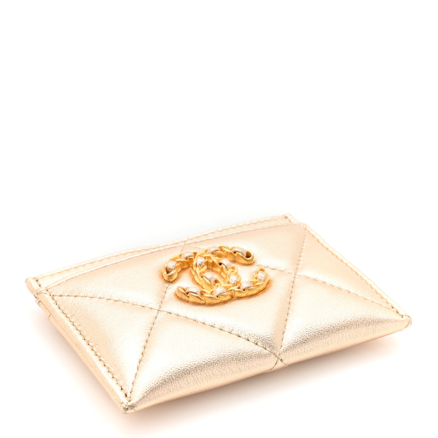 Metallic Goatskin Quilted Chanel 19 Card Holder Gold