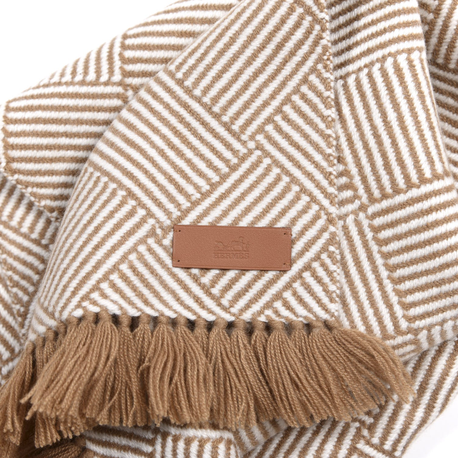 Hermes Cashmere Tile Weave Muffler Camel Ecru 3 of 3