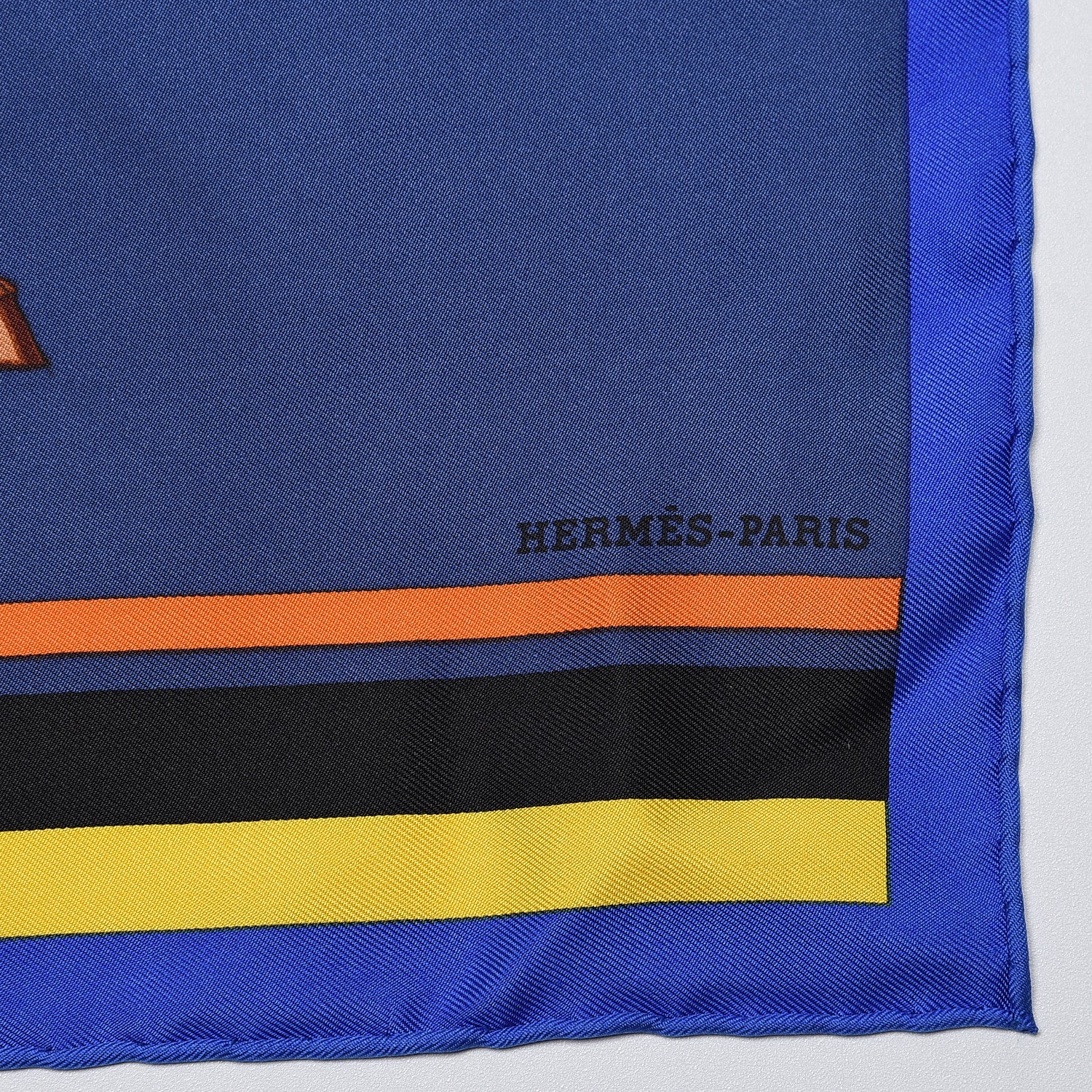 Hermes Silk Cheval A La Couverture Pocket Square Scarf Black Orange Jaune 4 of 6