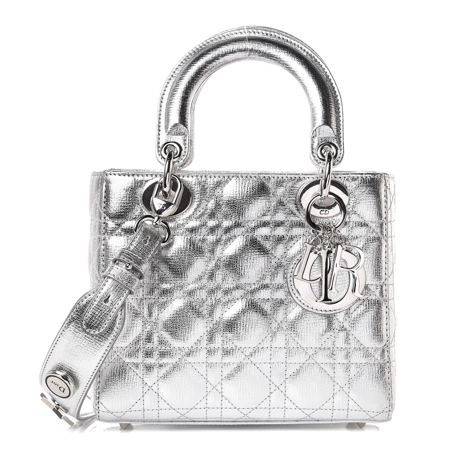 Metallic Grained Calfskin Cannage Small Lucky Badges My Lady Dior Silver