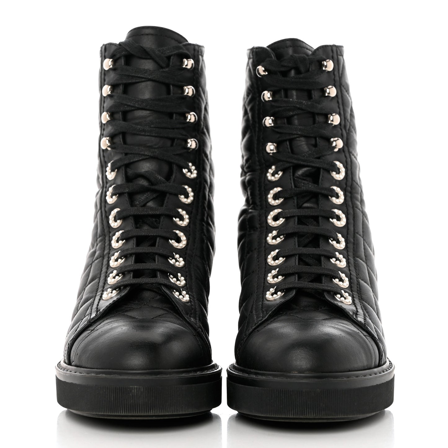 Lambskin Quilted Lace Up Combat Boots 36.5 Black