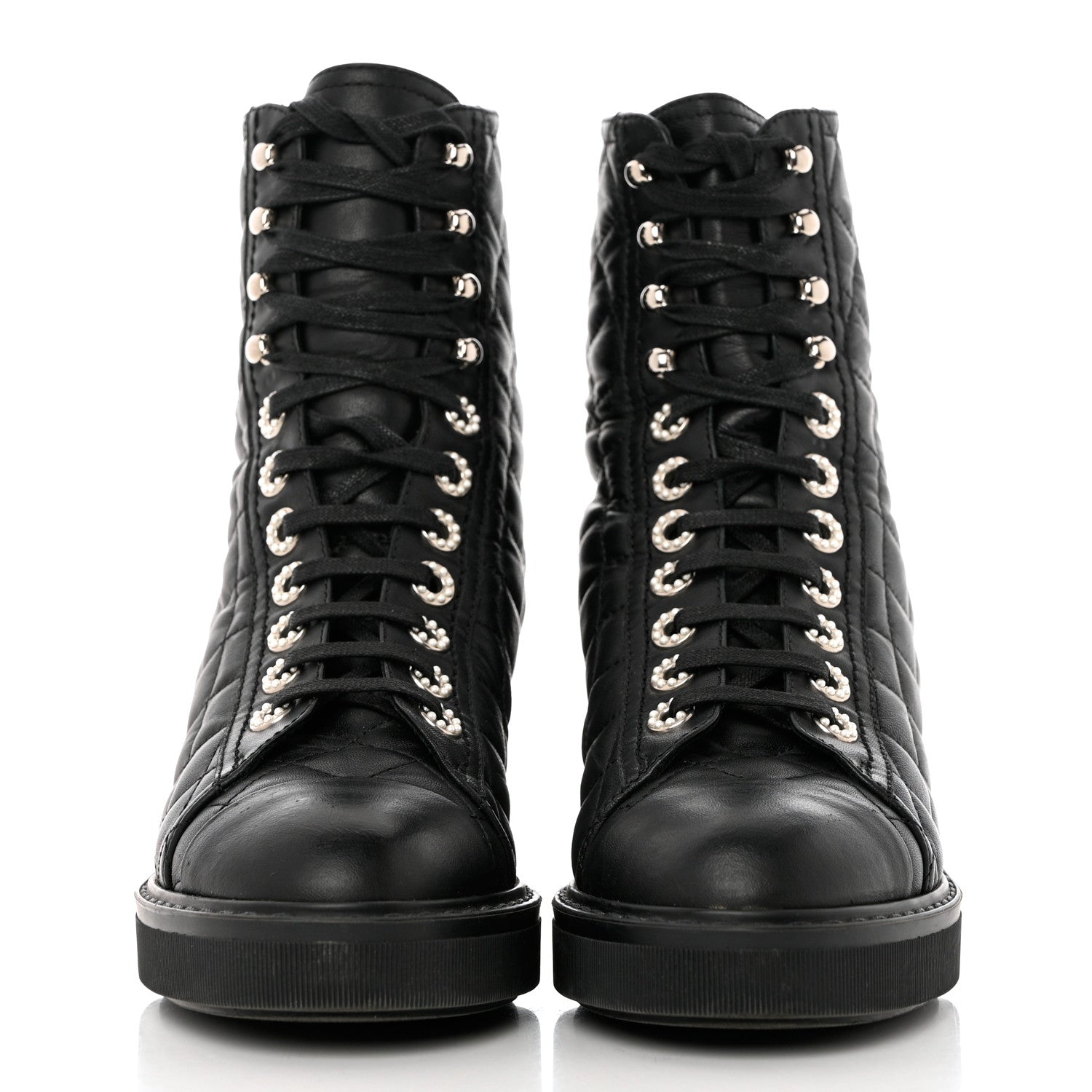 Chanel Lambskin Quilted Lace Up Combat Boots 36.5 Black 2 of 8