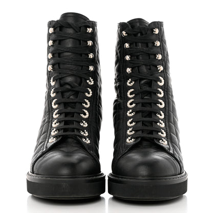 Chanel Lambskin Quilted Lace Up Combat Boots 36.5 Black 2 of 8