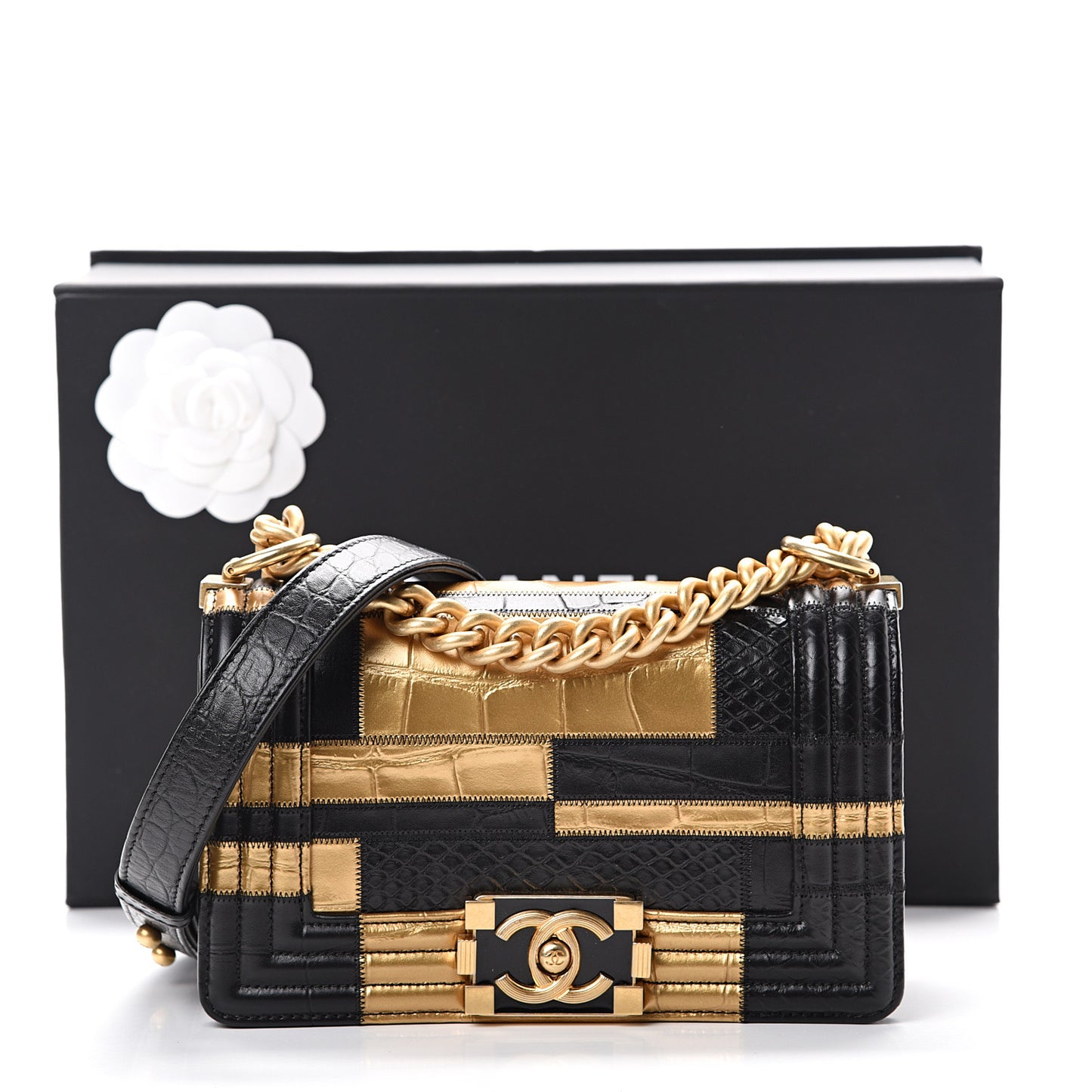 Crocodile Python Calfskin Embossed Small Boy Flap Black Gold