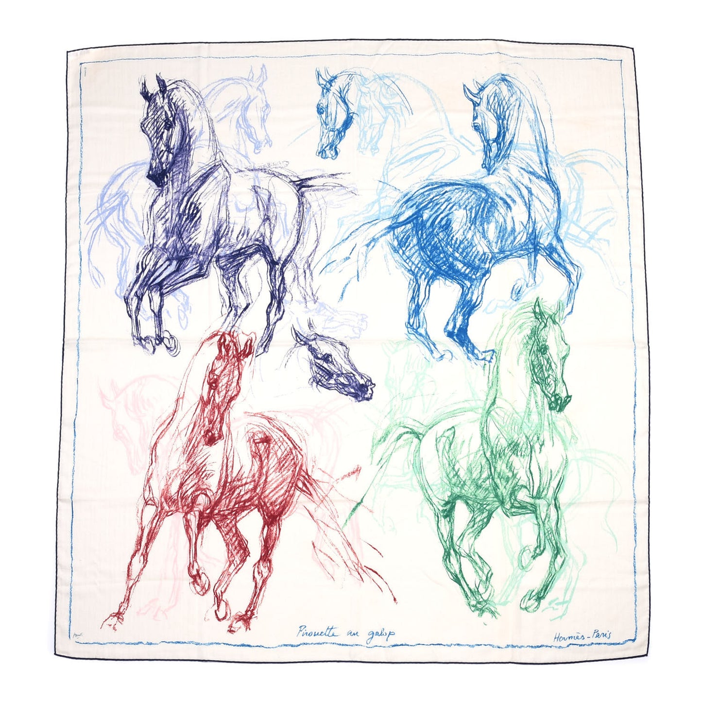 Cashmere Silk Pirouette au Galop Shawl 140 White Bleu Vert