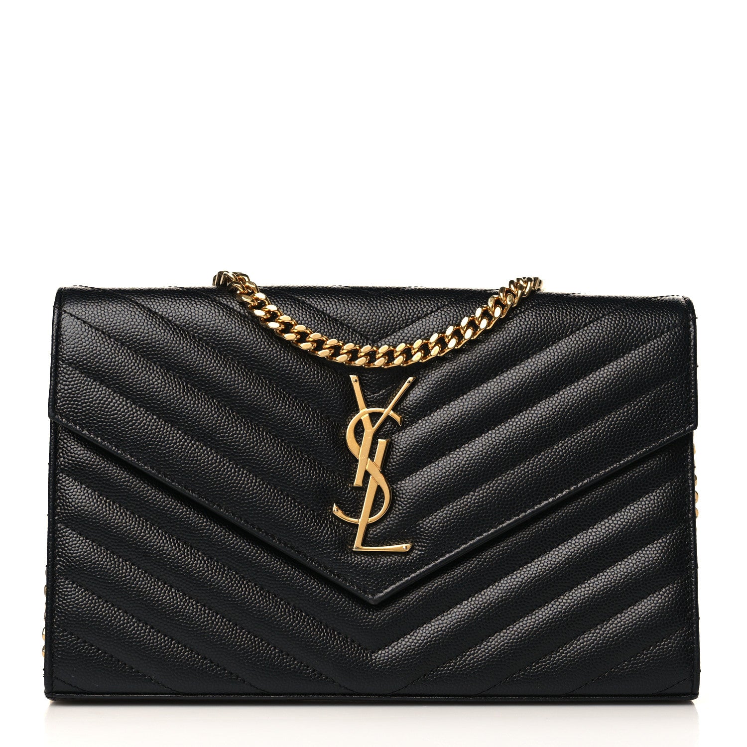 Saint Laurent Grain De Poudre Matelasse Chevron Monogram Chain Wallet Black 1 of 9