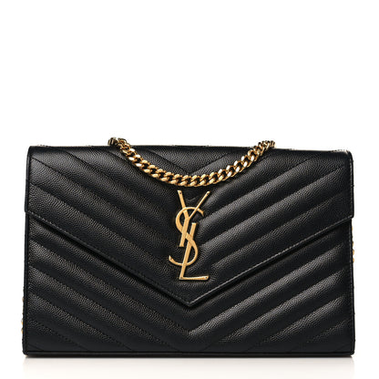 Saint Laurent Grain De Poudre Matelasse Chevron Monogram Chain Wallet Black 1 of 9