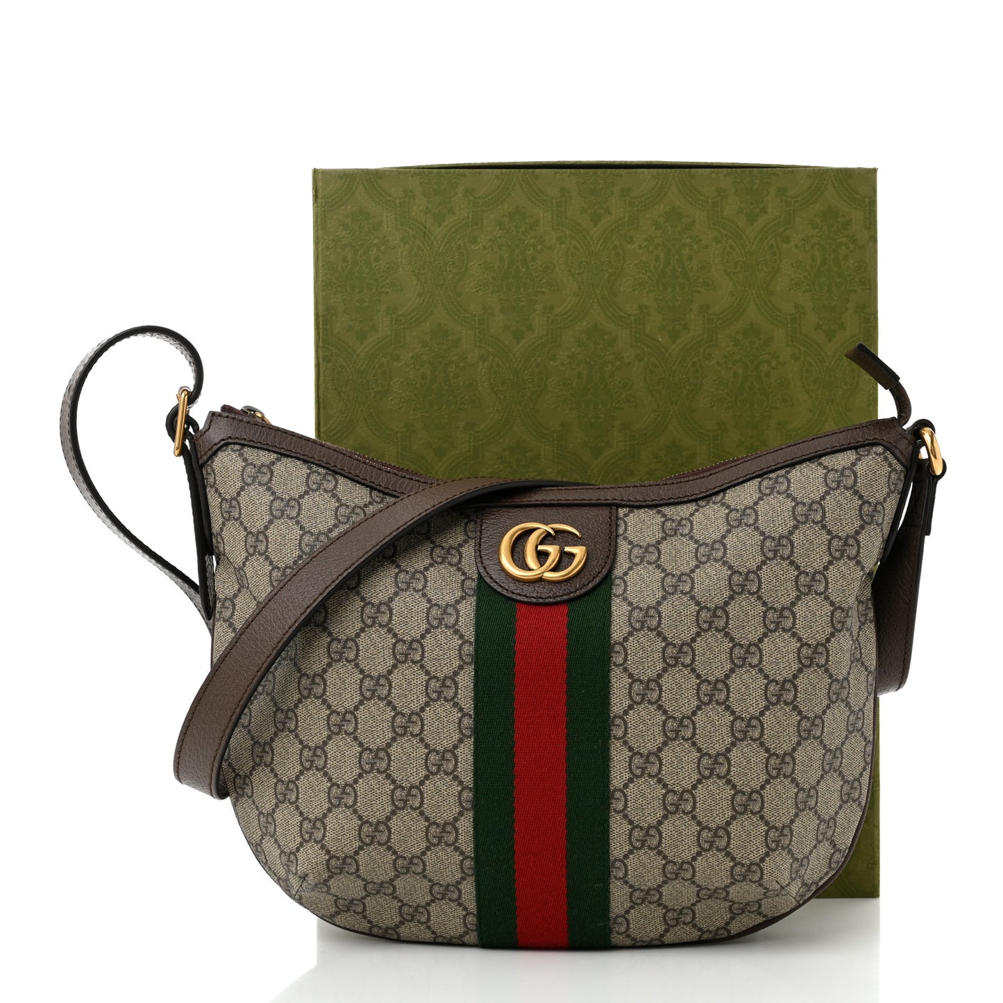 GG Supreme Monogram Web Small Ophidia Half Moon Hobo Brown