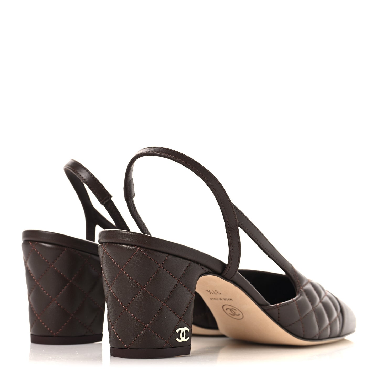 Lambskin Quilted Cap Toe CC Slingback Pumps  37.5 Brown