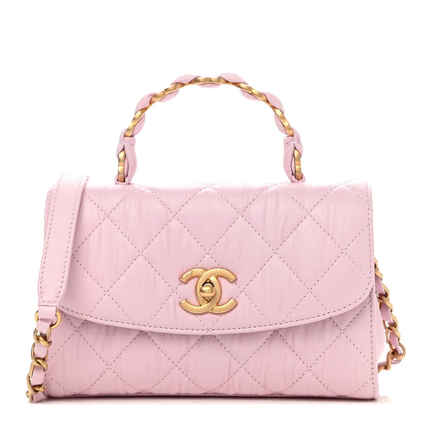 Crumpled Lambskin Quilted Mini CC Links Top Handle Flap Light Pink