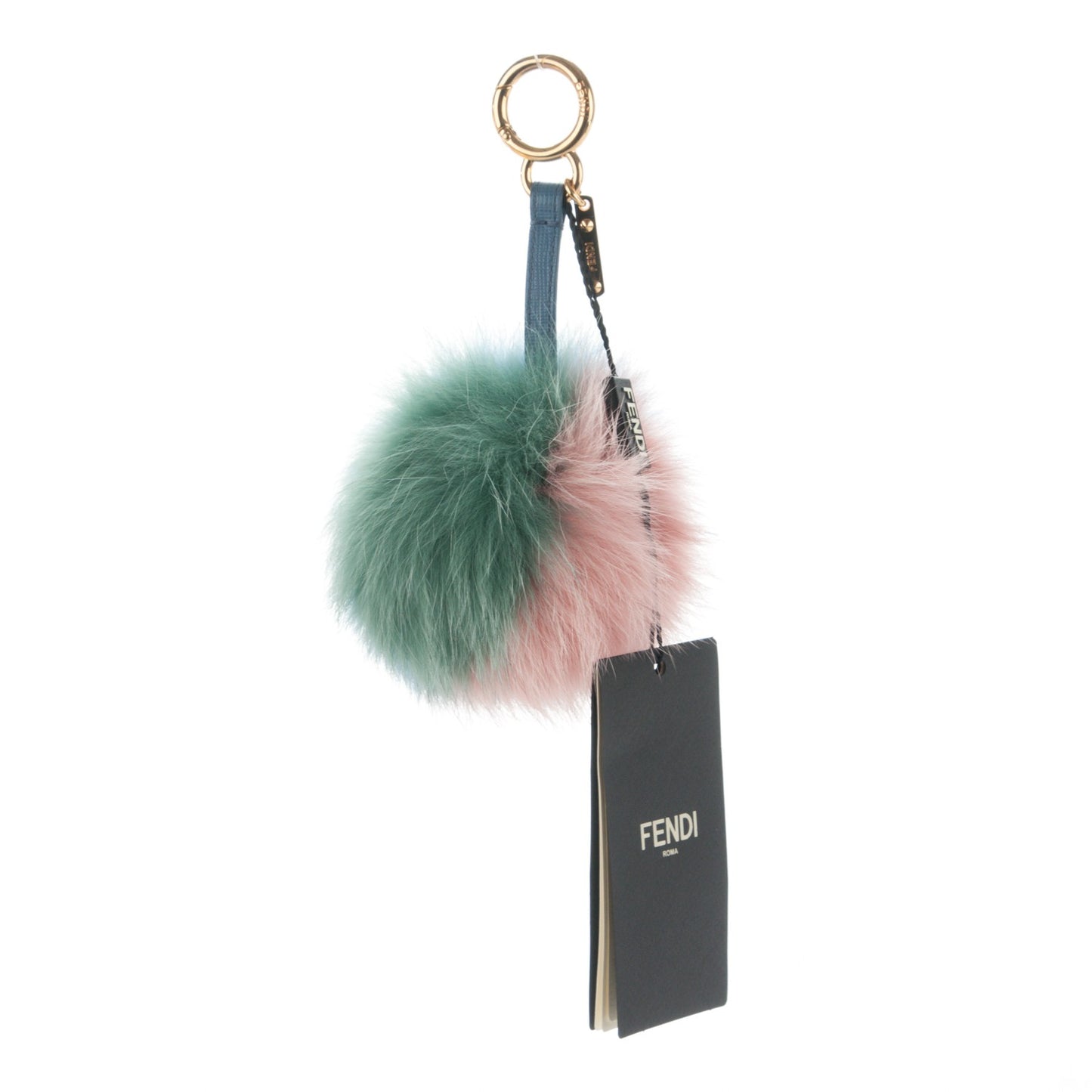 Fox Fur Vitello Elite Tri-Color Pom Pom Bag Charm Pink Nebula Acqua Ceruleo
