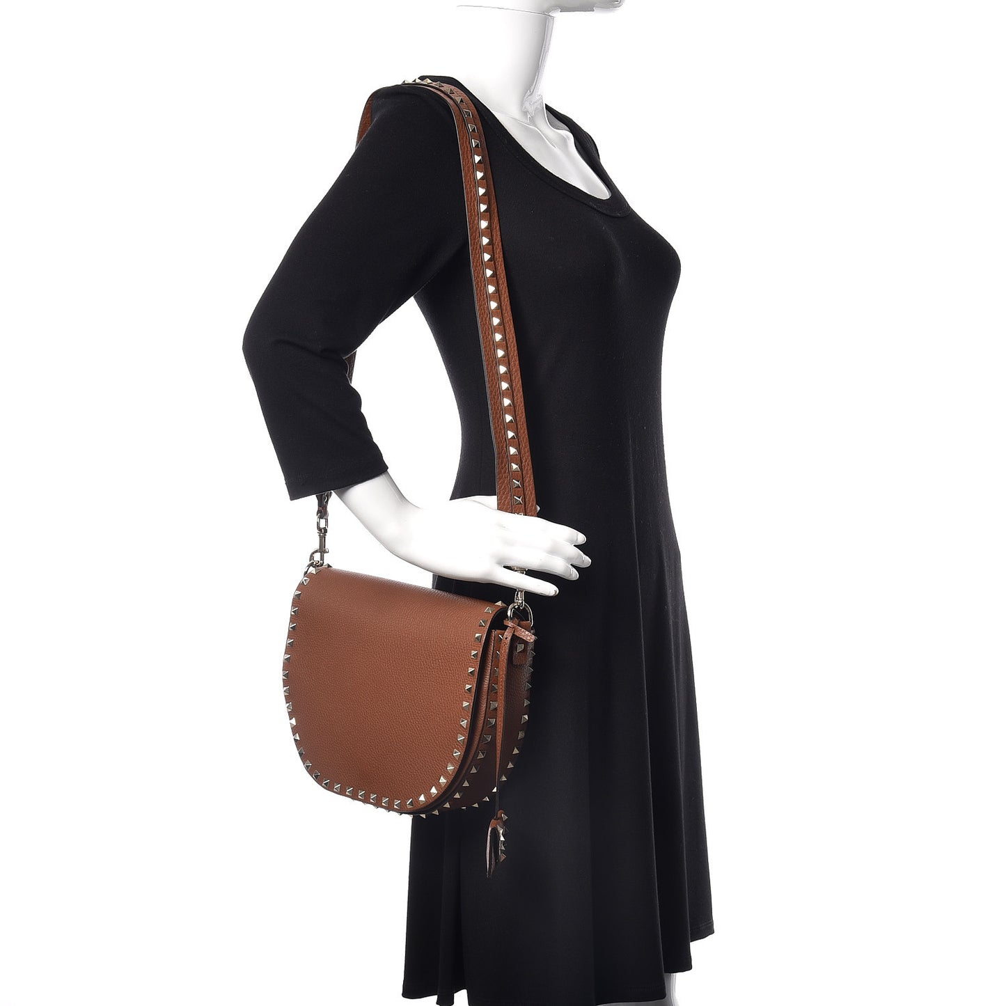 Calfskin Large Rockstud Halfmoon Saddle Bag Tan
