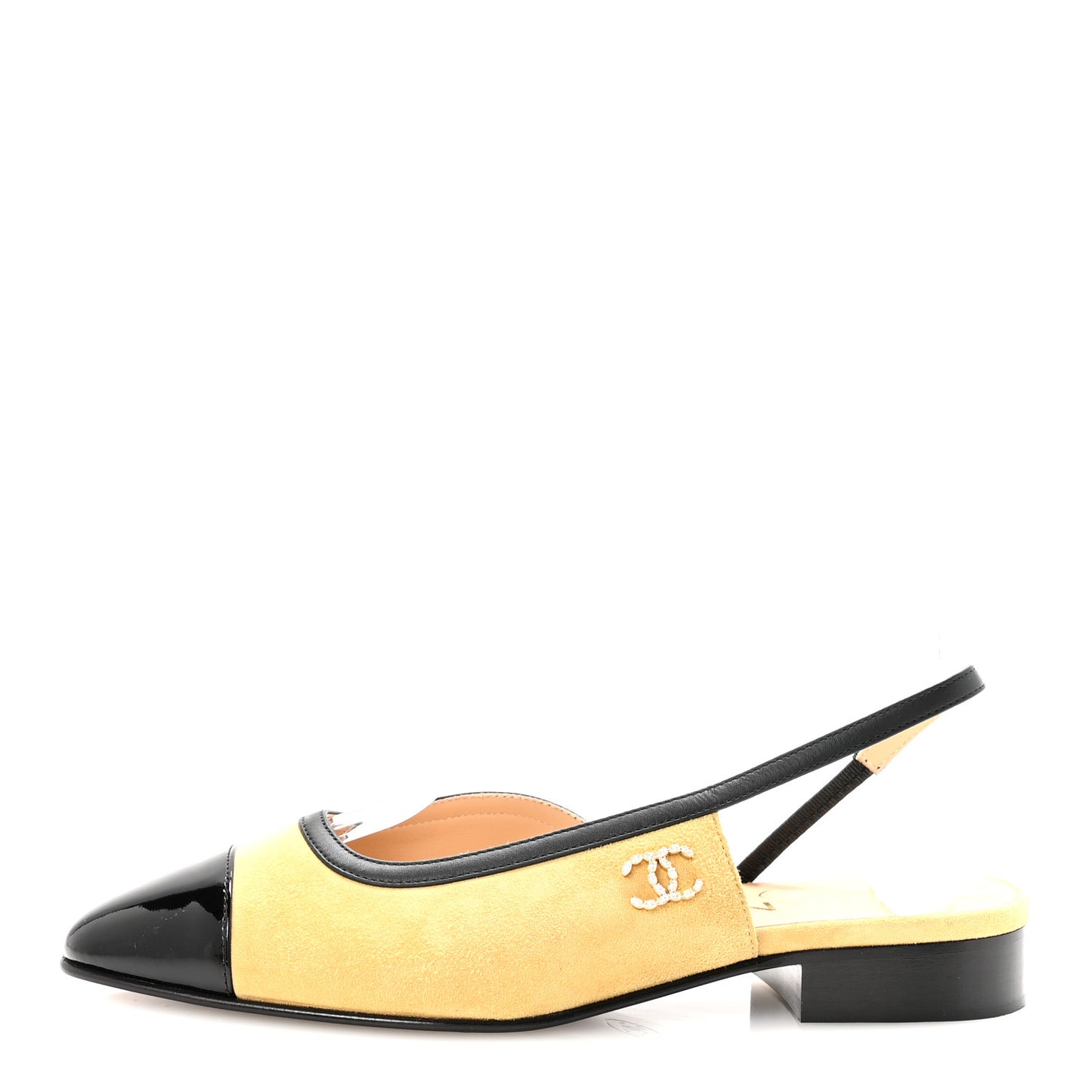 Suede Kidskin Lambskin Patent Calfskin Crystal CC Cap Toe Slingback Flats 37.5 Beige Black